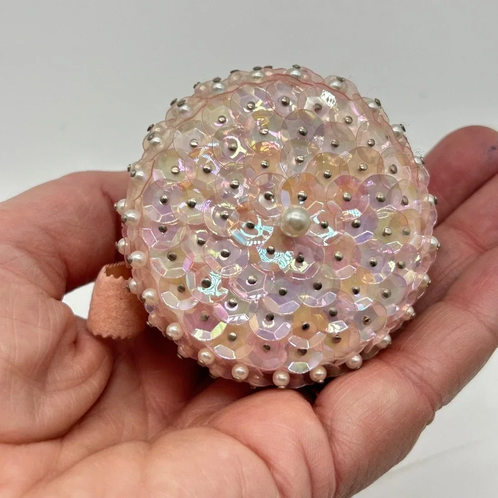 Vintage Beaded Sequins Push Pin Christmas Ornament Pink Bell Purple Ornate Set 2